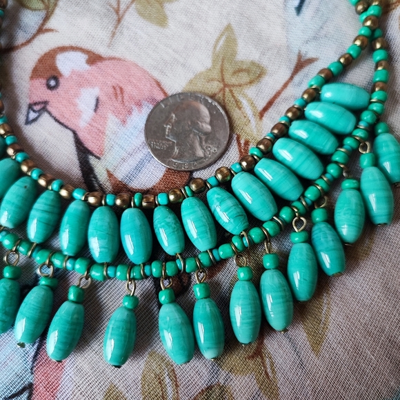Aqua Turquoise Glass Beaded Bib Collar Style Necklace Vintage EUC Mermaid Brass - Picture 3 of 8